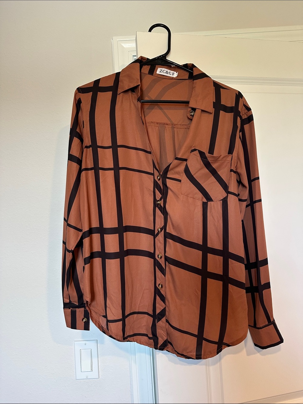 Rust Brown Plaid Button-Up Shirt